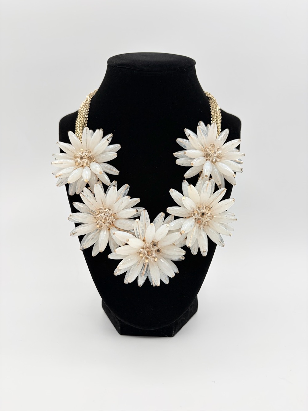 Statement Floral Necklace White & Cream Cabochon Petals Gold Tone Bib Necklace